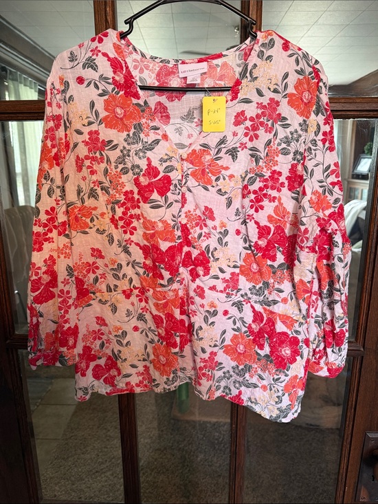 Liz Claiborne Tops - Liz Claiborne XL Red Orange Floral V-Neck Peplum Blouse 3/4 Sleeve Cotton Blend